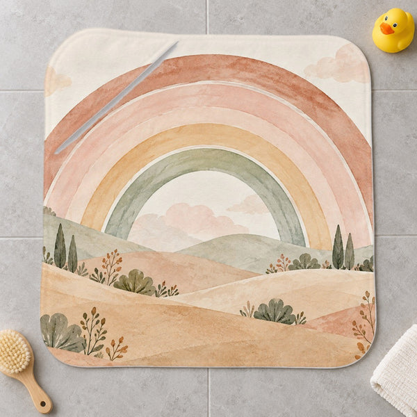 Big Rainbow Meadow kids hooded bath towel laid flat