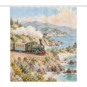 Coastal Train shower curtain, full front view of the 71 x 74 in fabric curtain