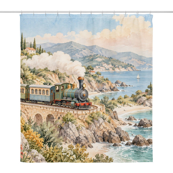 Coastal Train shower curtain, full front view of the 71 x 74 in fabric curtain