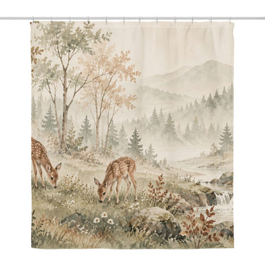 Grazing Fawns shower curtain, full front view of the 71 x 74 in fabric curtain