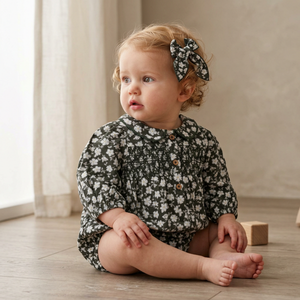 Organic Smocked Long Sleeve Bubble Romper - Twilight Meadow