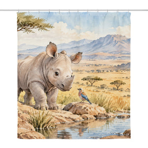 Baby Rhino Safari shower curtain, full front view of the 71 x 74 in fabric curtain