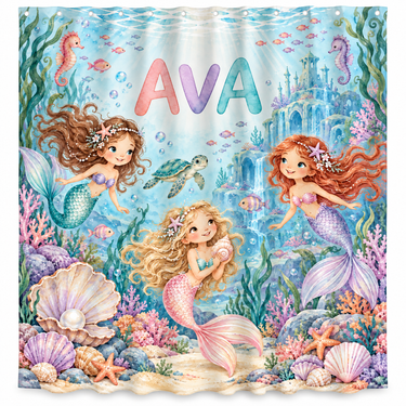 Personalized mermaid kids shower curtain with the name Ava