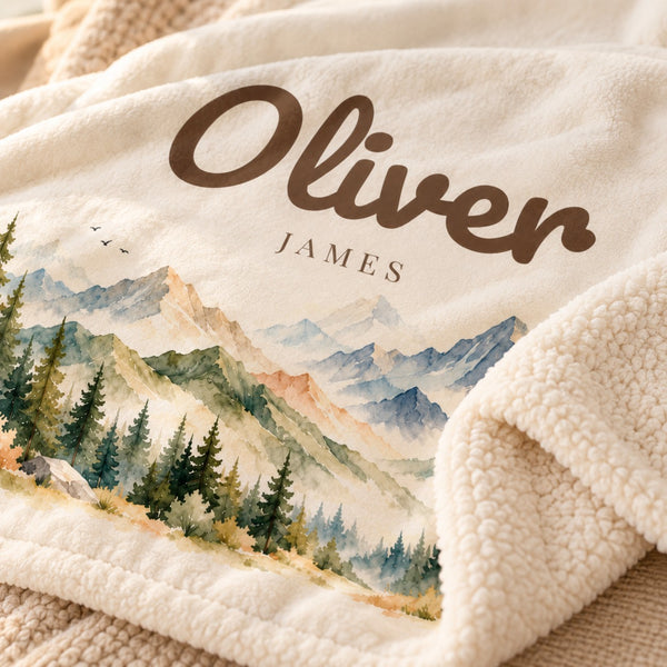 Woodland sherpa baby blanket, personalized, styled photo 2