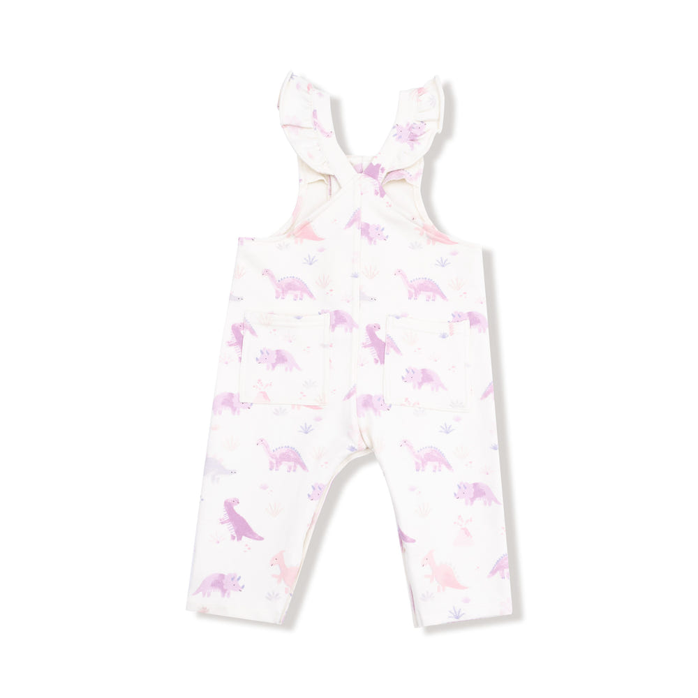 Purple Soft Dinos Front Placket Ruffle Overall for babies - cute and comfy romper.