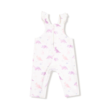 Purple Soft Dinos Front Placket Ruffle Overall for babies - cute and comfy romper.