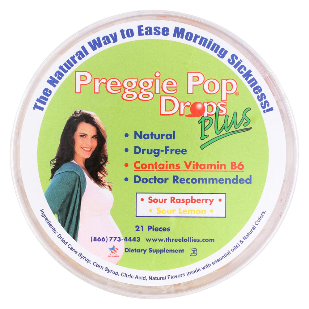 Preggie Drops Plus lollies for morning sickness relief, Vitamin B6, pack of 21, ideal for pregnant women.