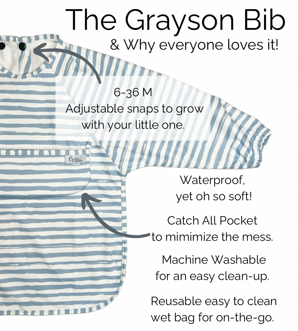 Grayson Long Sleeve Bib in Strawberry Patch design, perfect for mess-free mealtime fun for babies.
