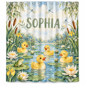Personalized yellow ducklings kids shower curtain with the name Sophia