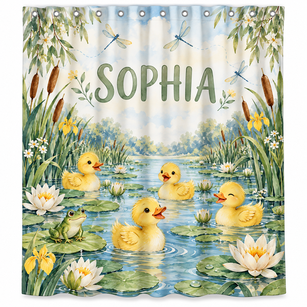 Personalized yellow ducklings kids shower curtain with the name Sophia