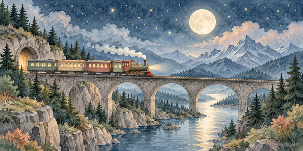 Watercolor Moonlit Train Wall Mural, image 3
