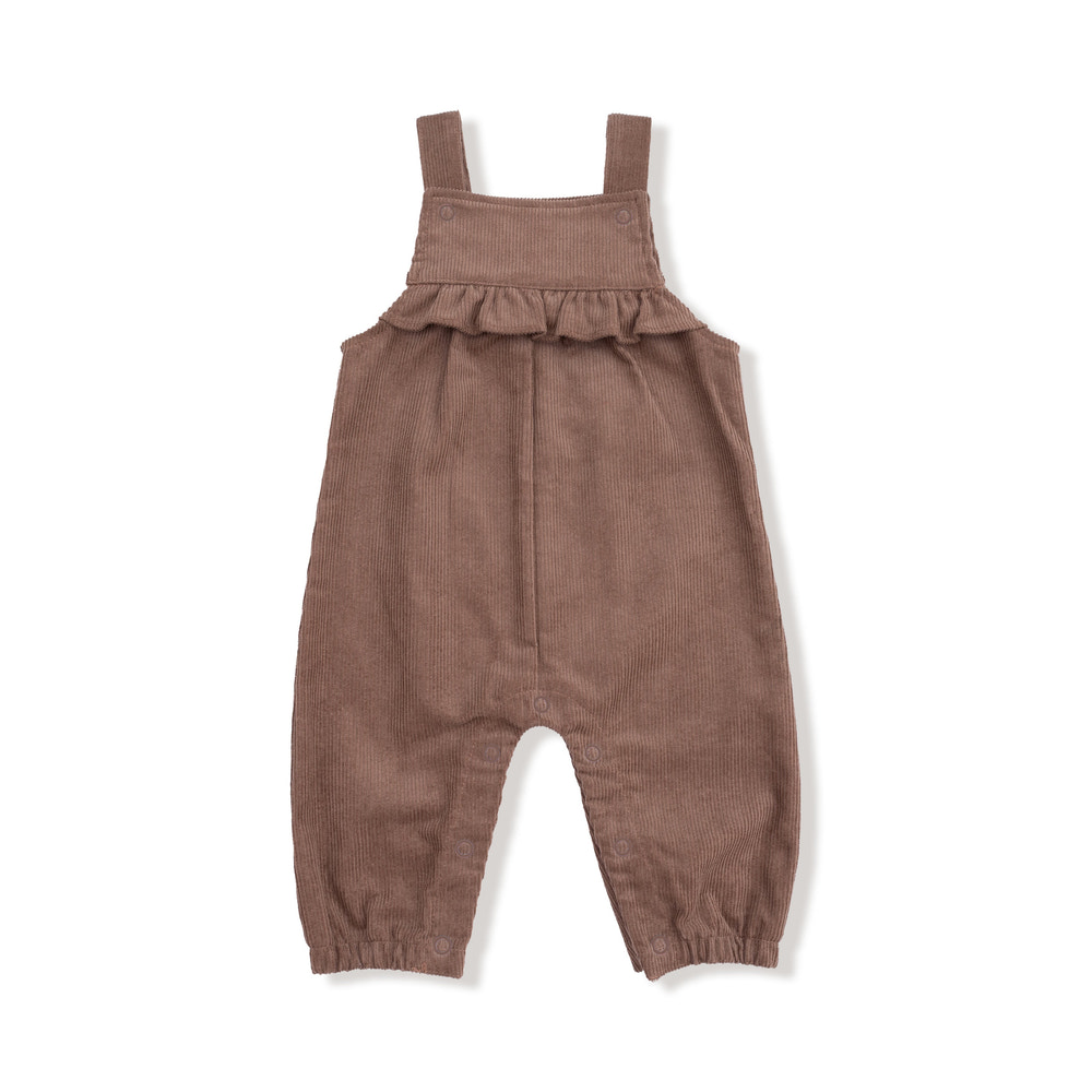 Chocolate Malt Yoke Ruffle Overall for babies - stylish and comfortable romper for little ones.