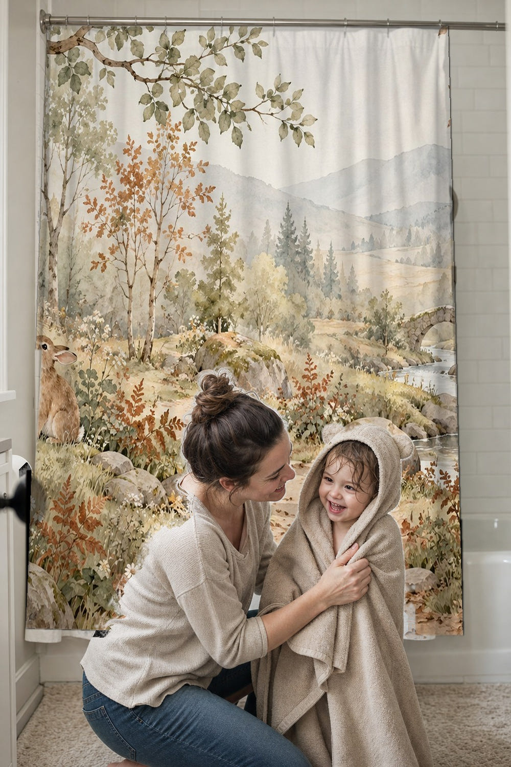Bunny Forest Path shower curtain, full front view of the 71 x 74 in fabric curtain