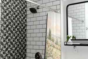 Hydrangea Garden shower curtain in a modern farmhouse bathroom with subway tile
