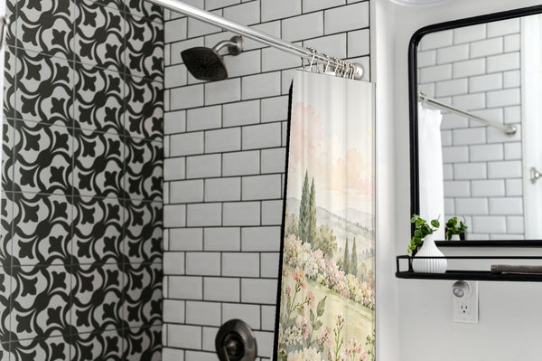 Hydrangea Garden shower curtain in a modern farmhouse bathroom with subway tile