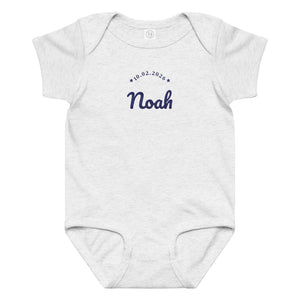 Embroidered baby name bodysuit, ash bodysuit with navy thread