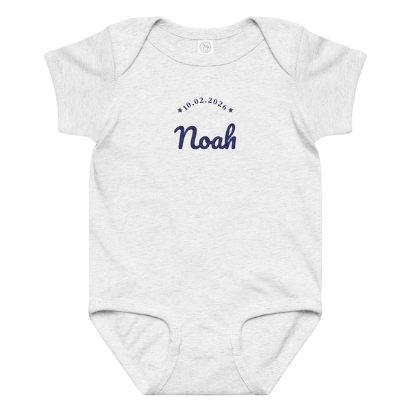Embroidered baby name bodysuit, ash bodysuit with navy thread