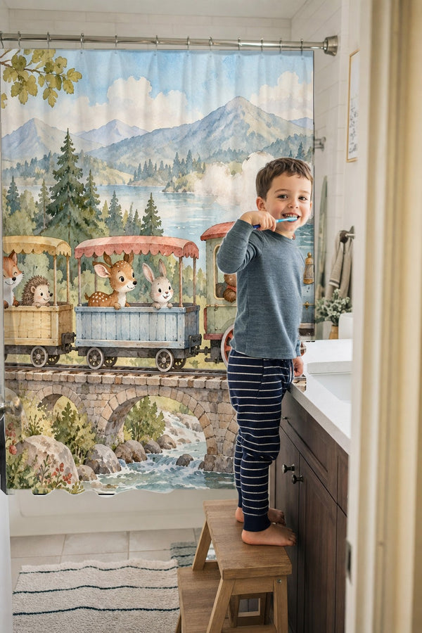 Child brushing teeth in a family bathroom with the Animal Train shower curtain