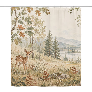 Squirrel and Fawn Forest shower curtain, full front view of the 71 x 74 in fabric curtain