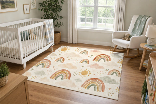 Little Rainbows Pattern area rug in a calm nursery with a white crib
