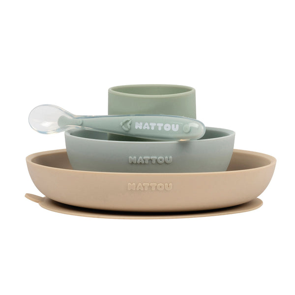 Nattou Silicone Children’s Tableware Set 4-Piece with Non-Slip Suction Plate & Bowl - MOOGCO Baby