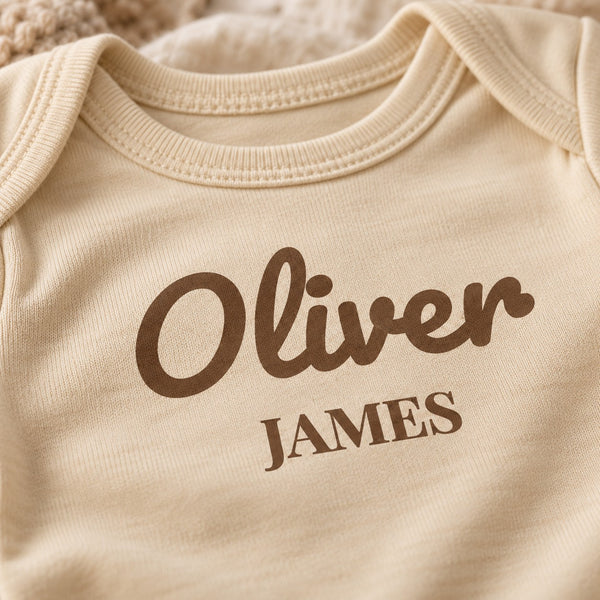 Close-up of the First and Middle Name baby bodysuit print