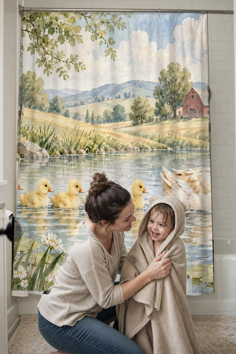 Ducklings Pond Farm shower curtain, full front view of the 71 x 74 in fabric curtain