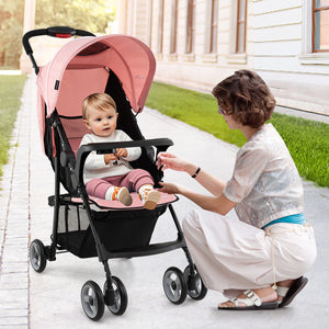 Toddler travel stroller for airplane with canopy and adjustable backrest, angled view showcasing design and features.