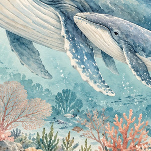 Whale Family Ocean shower curtain, close up of the watercolor artwork