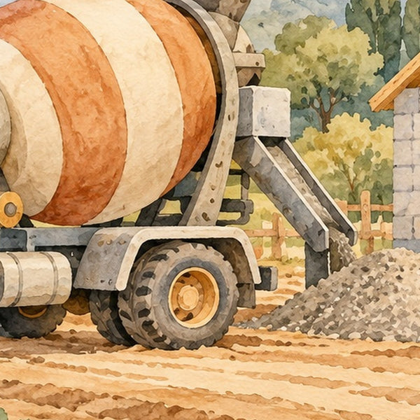 Cement Mixer shower curtain, close up of the watercolor artwork