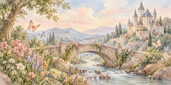 Watercolor Castle Bridge Fairy Tale Wall Mural, image 3