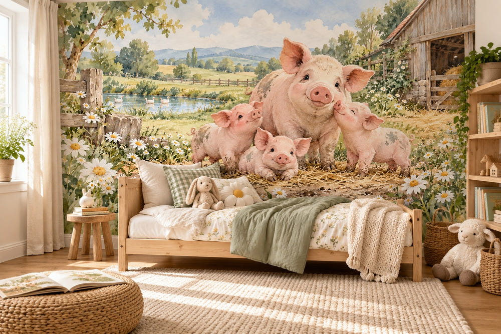 Watercolor Piglet Family Farm Wall Mural, image 1