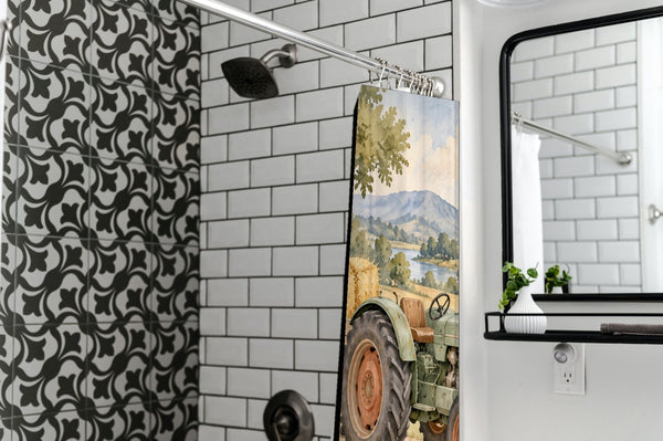 Farm Tractor shower curtain in a modern farmhouse bathroom with subway tile