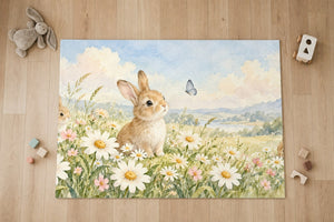 Top view of the Daisy Meadow Bunny kids area rug on a wood floor