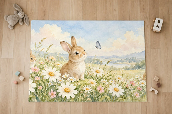 Top view of the Daisy Meadow Bunny kids area rug on a wood floor