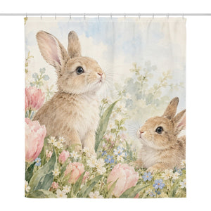 Spring Tulips Bunny shower curtain, full front view of the 71 x 74 in fabric curtain