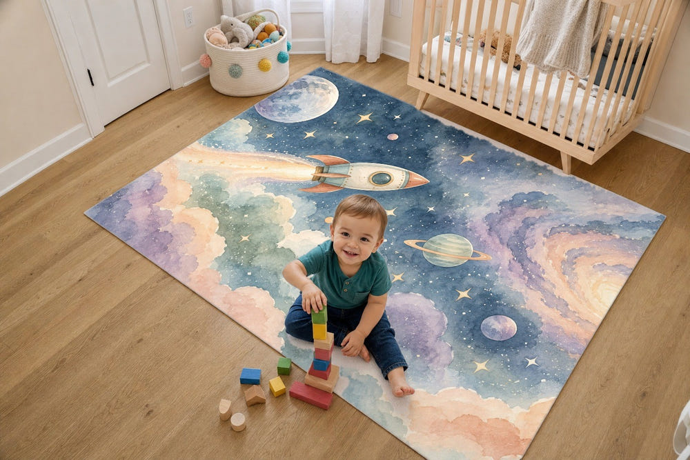 Rocket Journey kids rug, full view of the printed design