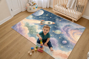 Toddler stacking blocks on the Rocket Journey kids rug in a bright bedroom