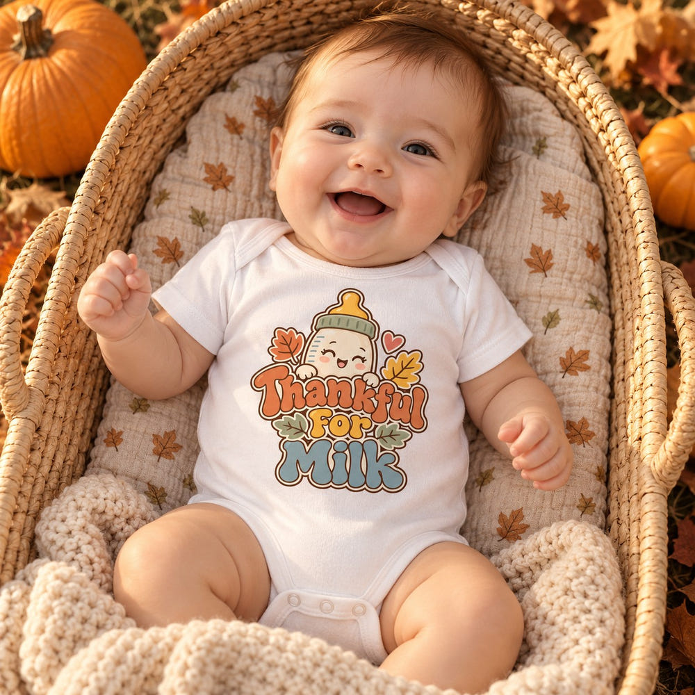Baby wearing the My First Thanksgiving baby bodysuit
