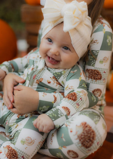 Harvest Hedgehogs Bamboo Zippy Pajamas for babies, featuring a cute hedgehog design and soft, breathable fabric.