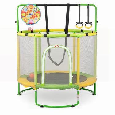 55" Trampoline for Kids with Adjustable Gymnastics Bar and Basketball Hoop for 3+