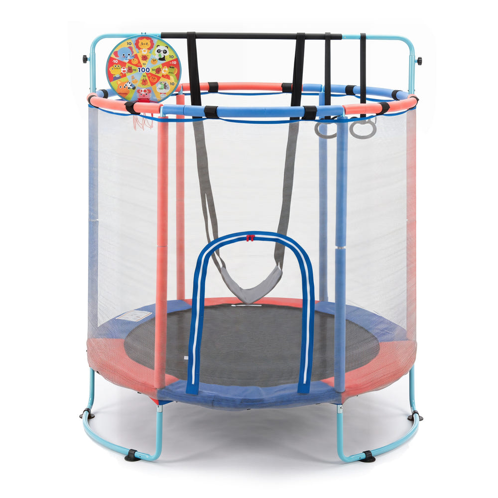 55" Trampoline for Kids with Adjustable Gymnastics Bar and Basketball Hoop for 3+