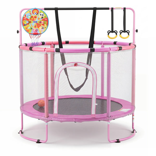 55" Trampoline for Kids with Adjustable Gymnastics Bar and Basketball Hoop for 3+