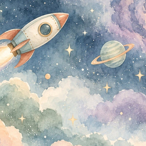 Rocket Journey kids rug, close up of the watercolor artwork