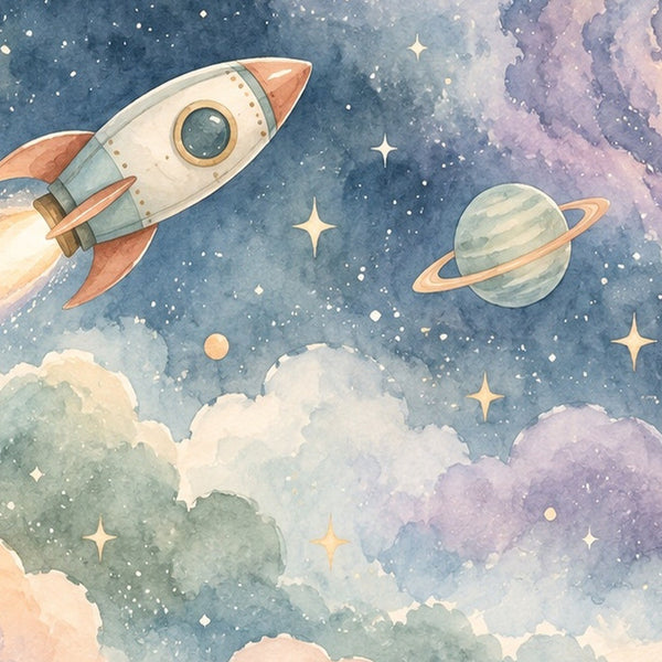 Rocket Journey kids rug, close up of the watercolor artwork
