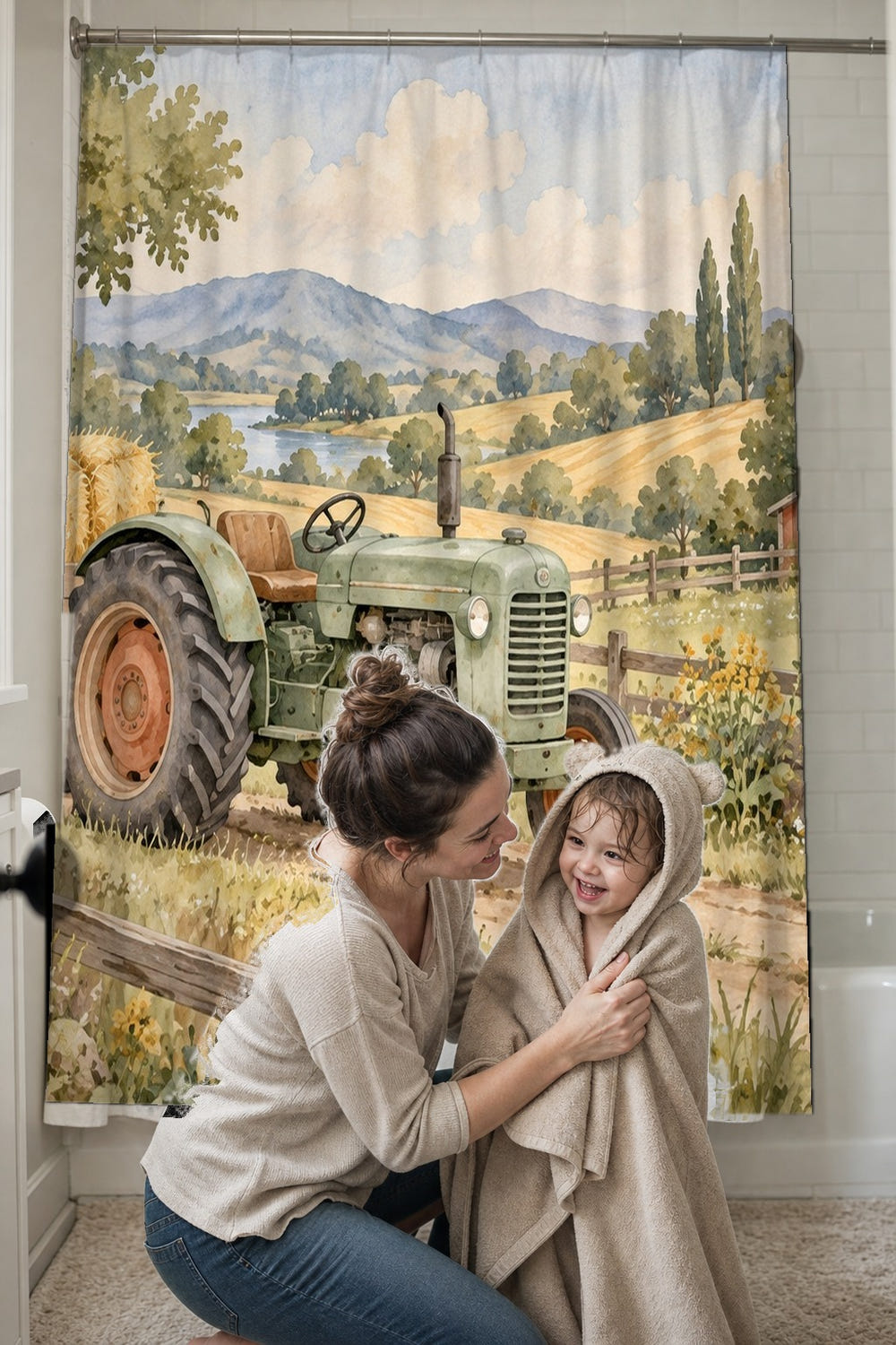 Farm Tractor shower curtain, full front view of the 71 x 74 in fabric curtain