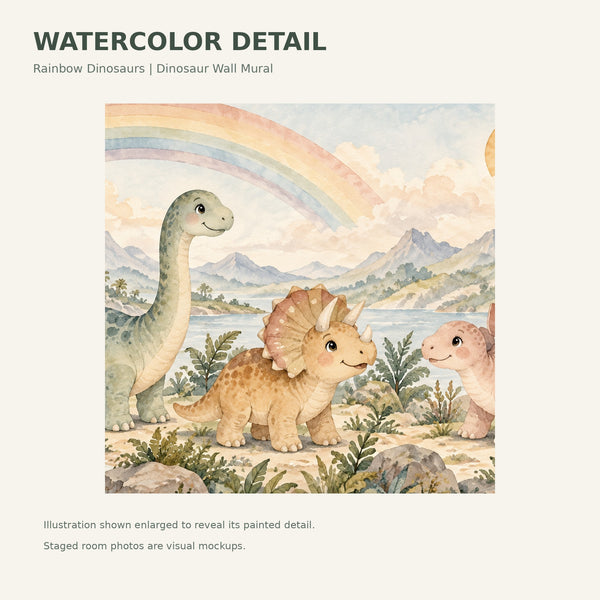 Watercolor Rainbow Dinosaurs Wall Mural, image 4
