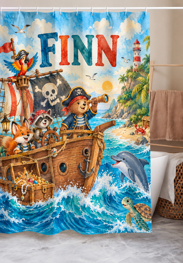 Personalized pirate ship shower curtain with the name Finn hanging in a kids bathroom