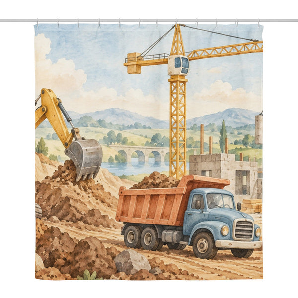 Construction Site shower curtain, full front view of the 71 x 74 in fabric curtain