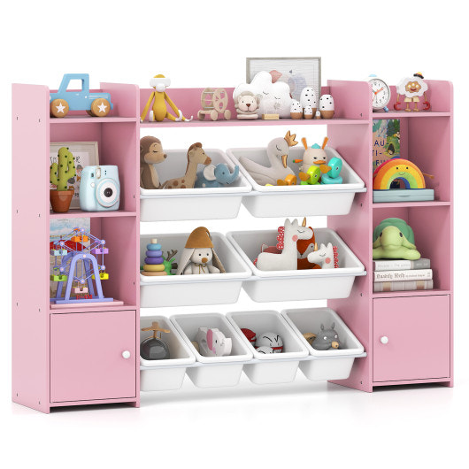 56 inch Large Toy Storage Organizer with 8 Removable Bins and Bookshelf-Pink
